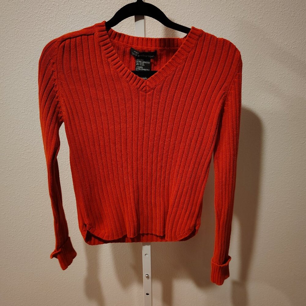 No Boundaries Red V-Neck Sweater Junior's Size XL 15 Cotton